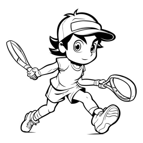 Tennis player - Black and White Cartoon Illustration. Vector Gra