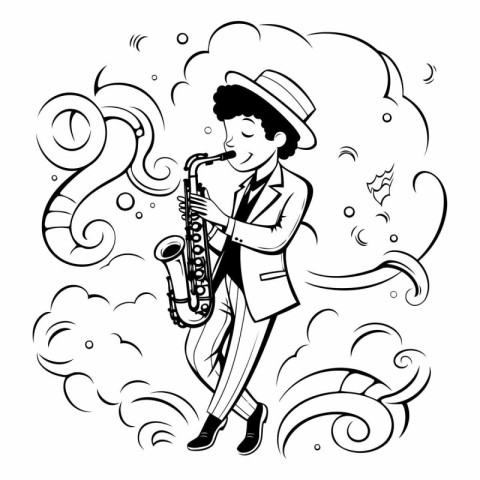 Jazz musician playing the saxophone in the clouds. Vector illust