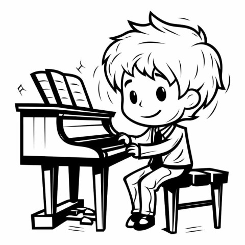 Boy playing the piano - Black and White Cartoon Illustration. Ve