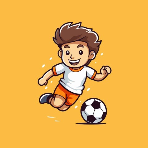 Cartoon soccer player running with ball isolated on yellow backg