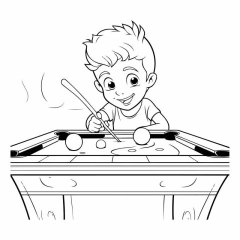 Boy playing billiards. Black and white vector illustration for c