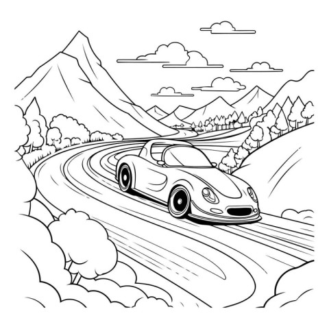 Black and white illustration of a sports car driving on a mounta