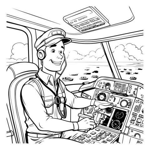 Pilot in the cockpit of a ship. Coloring book for adults