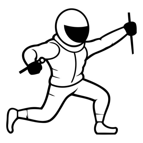 Fencing - Black and White Cartoon Illustration of a Fencing Play