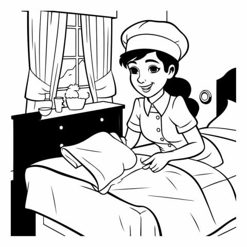 Black and White Cartoon Illustration of a Female Hotel Staff Cle