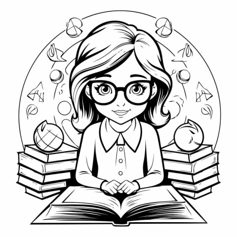 Black and white illustration of a girl with glasses reading a bo