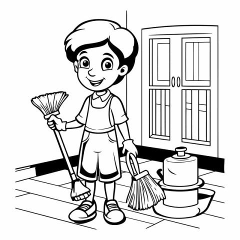 Boy sweeping the floor with broom and bucket black and white vec