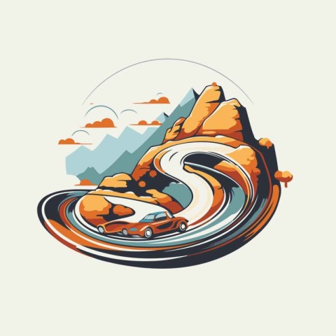 car on the road in the mountains. vector illustration in retro s