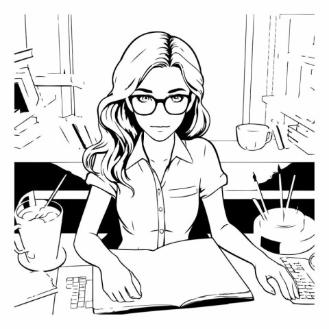 Black and white illustration of a young woman working at her des