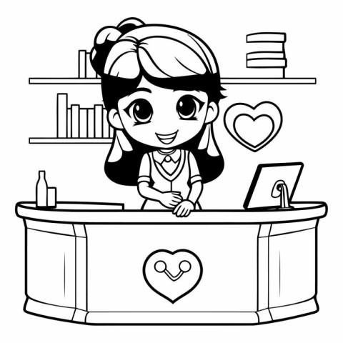 Girl at the reception desk. Black and white vector illustration