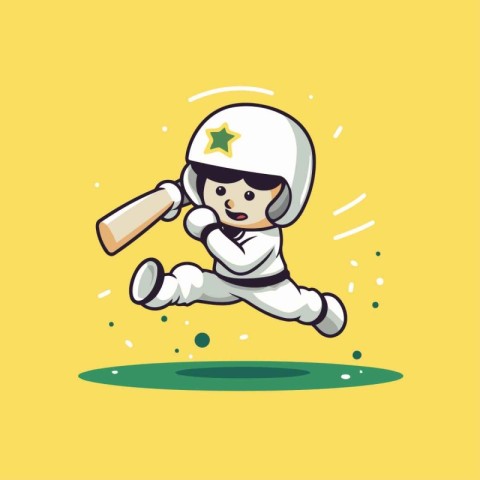 Cute astronaut with baseball bat flying. Vector illustration in