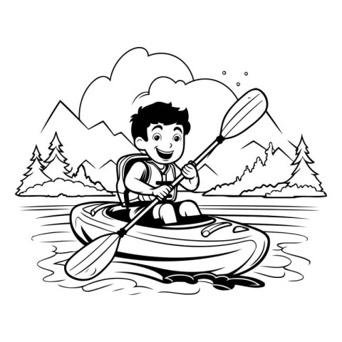 cute little boy paddling a kayak in the lake cartoon vector illu