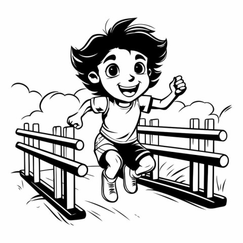 Cartoon boy jumping over obstacles. Black and white vector illus