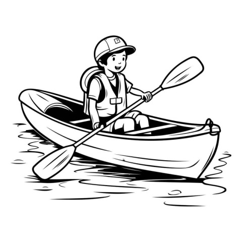 Cartoon illustration of a boy rowing a kayak or canoe