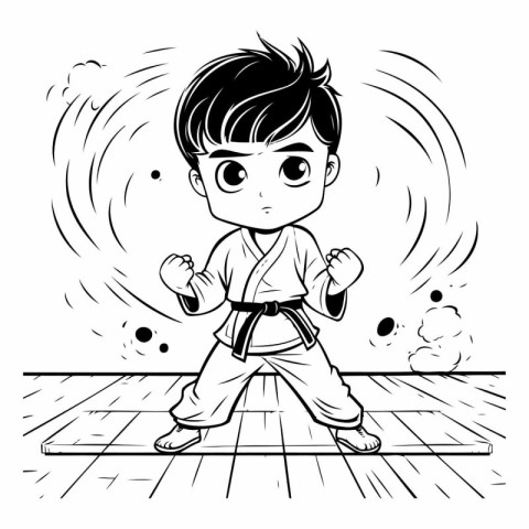 Karate boy. Black and white vector illustration for coloring boo