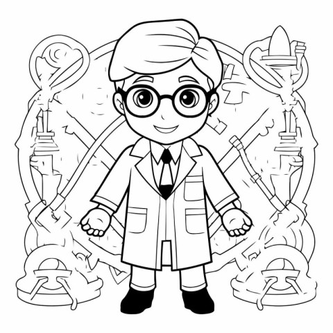 Black and White Cartoon Illustration of Kid Boy in School Unifor