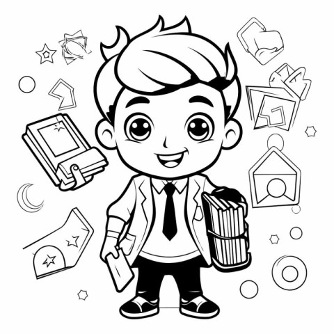 Black and White Cartoon Illustration of a Kid Boy Holding a Bask