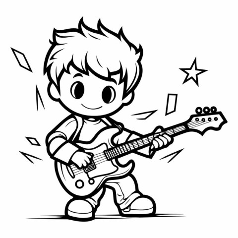 Boy playing the electric guitar - Black and White Cartoon Illust