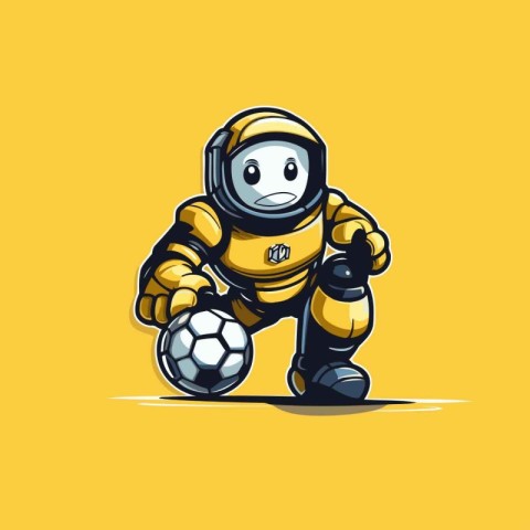 Astronaut with soccer ball. Vector illustration on yellow backgr