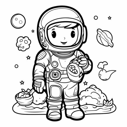 Astronaut with bowl of food. Coloring book for children