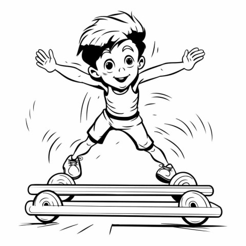 Boy riding on a skateboard - Black and White Cartoon Illustratio