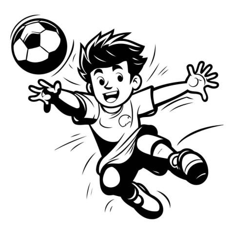 Soccer player kicking the ball. Black and white vector illustrat