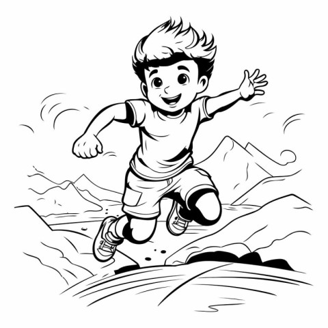 Cute little boy jumping on the rocks. black and white vector ill