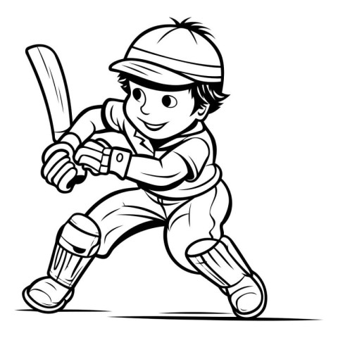 Cricket Player - Black and White Cartoon Vector Illustration.