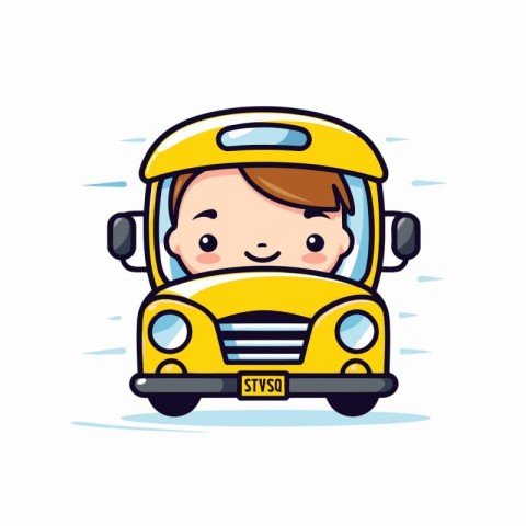 Cute little boy driving school bus. Vector illustration on white