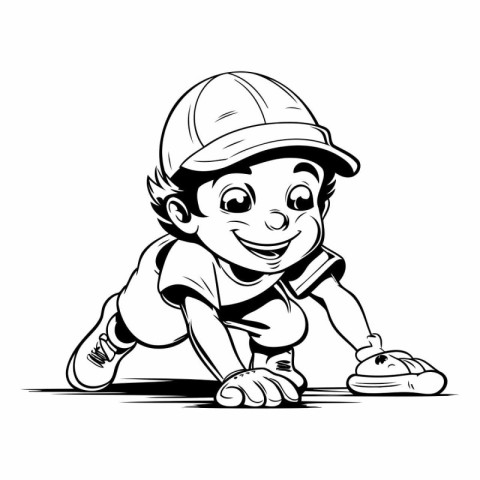 Cute Little Boy Baseball Player - Black and White Cartoon Illust