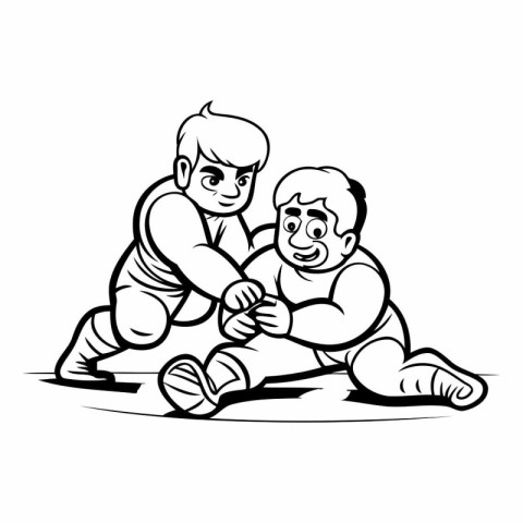 Mascot Illustration of a Little Boy and his Grandfather wrestlin