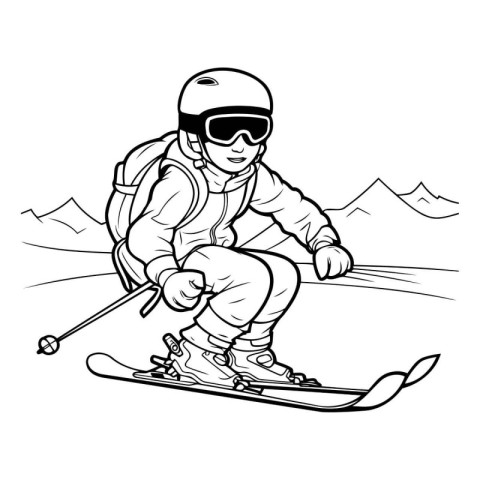 Skiing. Black and white vector illustration of skier skiing down