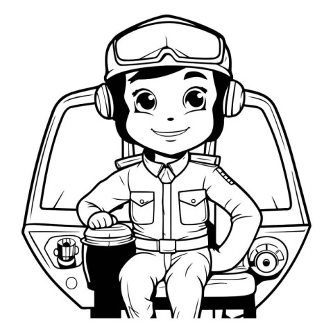 Black and White Cartoon Illustration of Cute Little Boy in Pilot