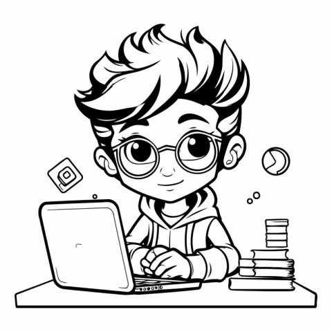 Black and White Cartoon Illustration of Cute Little Boy Student