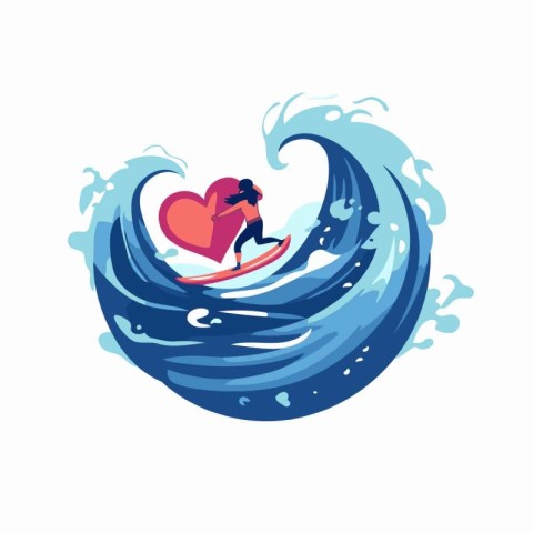 Surfer with heart in the sea. Vector illustration on white backg