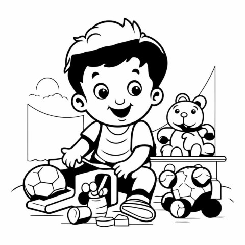 Boy playing with toys - black and white vector illustration for