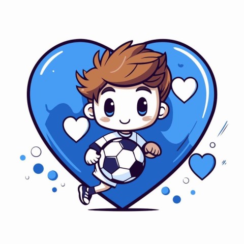 Cute boy with soccer ball in heart shape. Vector illustration.