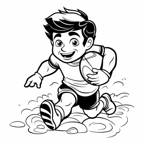 Black and White Cartoon Illustration of a Kid Boy Running with a