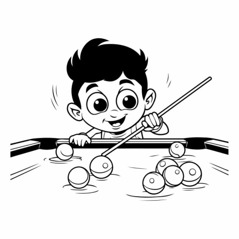 Cute boy playing billiards - Black and White Cartoon Illustratio