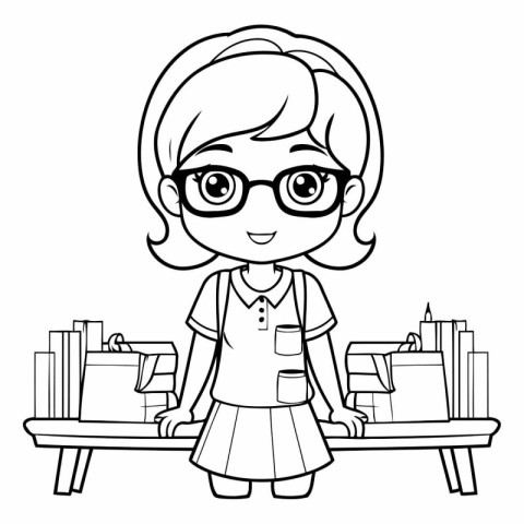 Coloring book for children: Girl in glasses with books on the ta