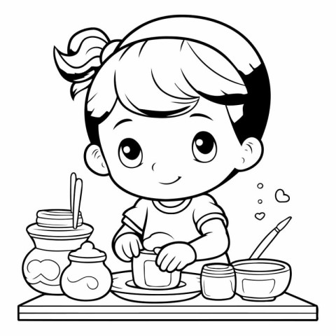 Black and White Cartoon Illustration of Little Girl Preparing Fo