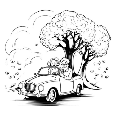 Old couple on a retro car. Vector illustration in black and whit