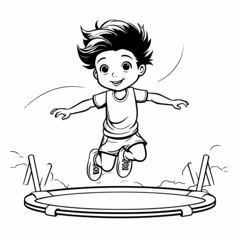 Boy Jumping on Trampoline - Black and White Cartoon Illustration