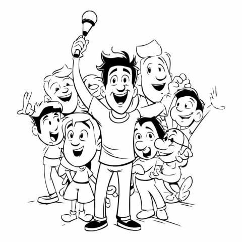 Black and White Cartoon Illustration of Group of Kids with Micro