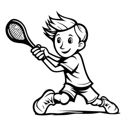 Tennis Player - Black and White Cartoon Illustration of a Tennis