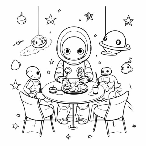 Astronaut is sitting at the table. Vector illustration coloring