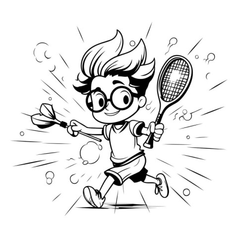 Black and White Cartoon Illustration of a Kid Playing Tennis - C