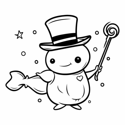 Illustration of a Cute Snowman Cartoon Character with a Magic Wa