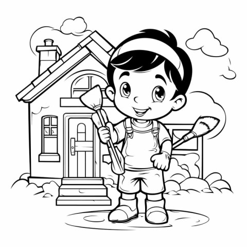 Boy with shovel and house. Black and white vector illustration f