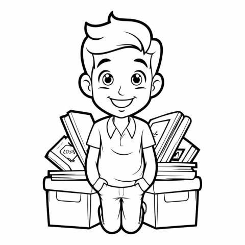 Black and White Cartoon Illustration of a Kid Boy with Money Box